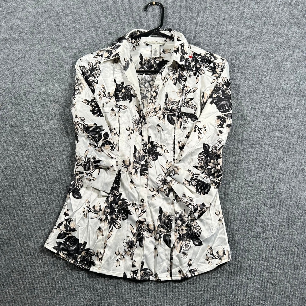White House Black Market Blouse Womens Size 00 Floral Satin Cream Black Collared